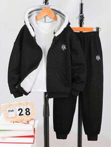 2件套男童针织面料英式刺绣保暖连帽衫和裤子套装，秋冬季