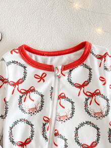 SHEIN Baby Girl Cute Bow All-Over Print Jumpsuit With Zipper,Long Sleeve Romper Snug Fit White,Autumn,Matching Family Christmas Reindeer Pajama Fall Winter - Multicolor - View 5