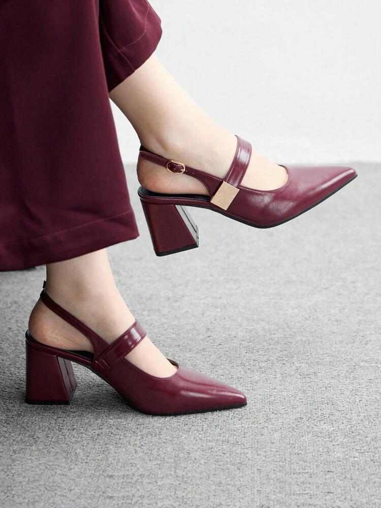 CUCCOO BIZCHIC Women's Fashion Burgundy Metal Buckle Decor Chunky Heels Pumps, Classic Minimalist Design For Commute, Date, Party, Holiday, Wedding Spring Shoes