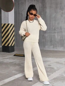 Sparklyn Conjunto de dos piezas de suéter para niñas preadolescentes - Suéter de punto grueso sólido en beige y pantalones de pierna ancha, suéter de cuello redondo de ajuste relajado con pantalones rectos de estar en casa, ropa cómoda y casual para primavera/otoño/invierno - Albaricoque - Ver 11
