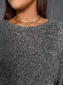 SHEIN Essnce 大码女装春秋季时尚休闲宽松舒适基础款日常灰色长袖露脐上衣和黑色马甲长裙两件套，春季服装，连衣裙套装，曲线套装 - 黑色 - 查看 3