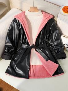 Áo khoác da giả dáng rộng có mũ trùm đầu dày, thắt eo cho bé gái tuổi mới lớn, phù hợp mặc hàng ngày, mùa thu/đông - màu đen - Xem 2