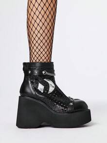 ROMWE Grunge Punk Giày bốt nữ cổ thấp thoải mái, kiểu dáng thường ngày, dự tiệc, chất liệu da PU khoét rỗng họa tiết ngôi sao kim loại, khóa cài đôi phía sau, khóa kéo, màu đen, phong cách punk, đế dày, gót chunky, thích hợp cho Halloween. - màu đen - Xem 4