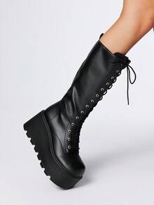 ROMWE Grunge Punk Stivali da donna nuovi per l'autunno/inverno 2025, con punta tonda, stringati, stile punk, suola platform spessa, stivali da esterno alla moda, slip-on sopra il ginocchio - nero - Visualizzare 3