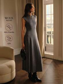 MOTF PREMIUM KNITTED SLEEVELESS RHINESTONE EMBELLISHED SWEATER DRESS - Grey - View 7