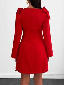 EURMUSE Women, Autumn, Short Dress, Tie Shoulder, Zipper, Flare Sleeve, - Red - View 2