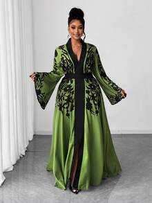 Maweii 大码优雅派对植物印花喇叭袖连衣裙 - 綠色 - 查看 1