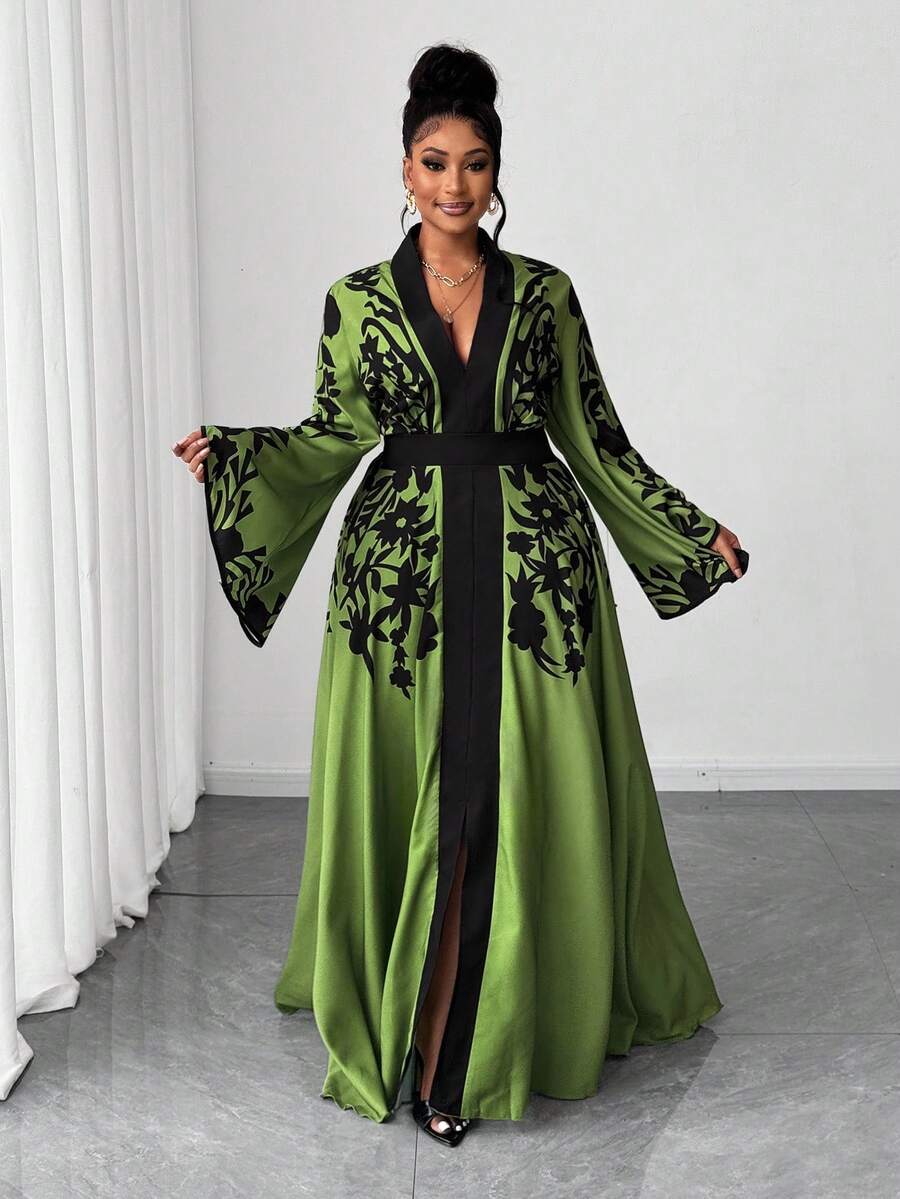 Maweii 大码优雅派对植物印花喇叭袖连衣裙 - 綠色 - 查看 1