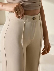 CLARA VERO Women's Solid Color High Waist Toothpick Stripe Design Straight Leg Casual Office Pants - Beige - View 4