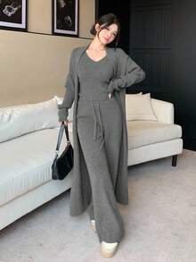 DAZY Damski, jednokolorowy, dzianinowy kardigan z długim rękawem, bezrękawnik z dzianiny i spodnie z dzianiny, 3 części, zestaw casualowy, jesień/zima - Szary - Zobacz 3