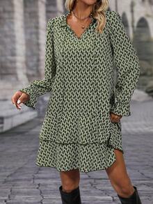 EMERY ROSE Váy suông rộng rãi họa tiết hình học viền bèo nhún cho nữ - xanh quân đội - Xem 3