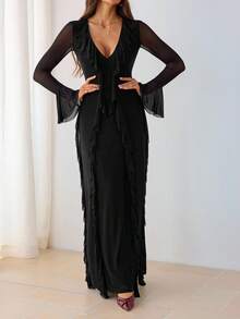 SHEIN Tall 女士时尚优雅阿拉伯风格长袖连衣裙黑色针织礼服约会派对商务通勤休闲简约纯色连衣裙网眼深 V 领性感荷叶边下摆浪漫连衣裙长裙紧身连衣裙，适合春夏季、毕业典礼、女士教师服装、教师连衣裙 - 黑色 - 查看 11