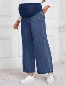 SHEIN Maternity Winter High Waist Wide Leg Loose Casual Versatile Jeans - Medium Wash - View 5