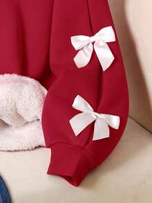 SHEIN 少女复古学院风针织圆领套头卫衣，撞色蝴蝶结装饰，加厚保暖内衬，长袖，秋冬女装 - 紅色 - 查看 8