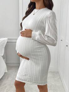 SHEIN Vestido elegante ajustado con cuello redondo, mangas abullonadas y patrón de cable retorcido para mujeres embarazadas en otoño