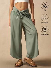 VARSIVA 女士纯色打结腰部阔腿宽松休闲裤 - 綠色 - 查看 13