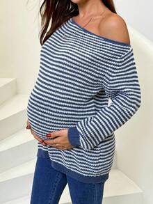 SHEIN 孕妇休闲宽松条纹不对称肩长袖毛衣，秋季