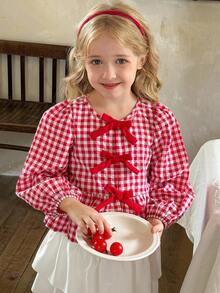 LMoss Kids 女童 LMoss 编织条纹泡泡袖休闲衬衫，红色衬衫，圣诞节，长袖上衣 - 紅白色 - 查看 5