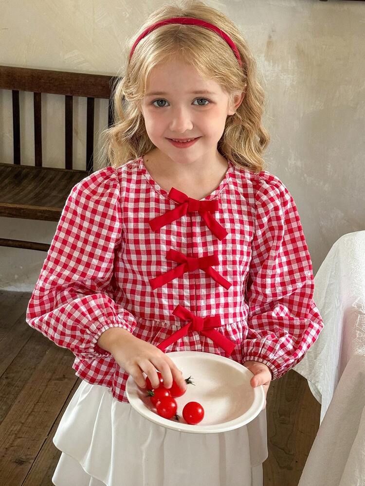 LMoss Kids LMoss Young Girl Woven Striped Puff Sleeve Casual Shirt, Little Girl Blouse, Red Blouse For Kids,Christmas Girls Outfits,Christmas,Long Sleeve Top - Red and White - View 5