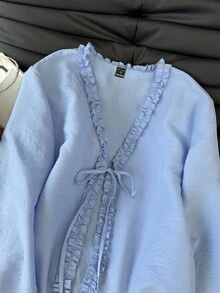 SHEIN Frenchy Women's Casual Solid Color Frill Trim Tie Front Shirt,Fall Clothes For Women ,Elegant Blouse For Party ,Wedding Guest Blouses For Women,Party Blouses ,Going Out Blouses ,Blouses For Civil Wedding ,Elegant Blouses For Women, Chic Blouses Winter Spring - Multicolor - View 3