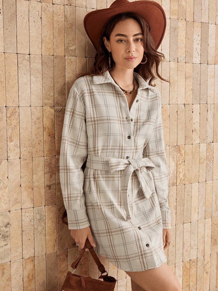 Wildy Women's Christmas Clothes Fall Dress Women's Fashionable Casual Plaid Print Single-Breasted Short Dress Plaid Dress Women Shirt Dress Western Dress Button Up Dress Long Sleeve Going Out Dress Going Out Outfits Plaid Mini Dress New Year Women's Clothes Elegant Dresses - Apricot - View 1