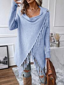 EMERY ROSE 流苏饰边垂领裹身开衫不对称毛衣女装连衣裙毛衣优雅毛衣长毛衣长袖毛衣女士长袖上衣长袖流苏上衣蓝色长袖上衣流苏上衣 - 藍色 - 查看 6