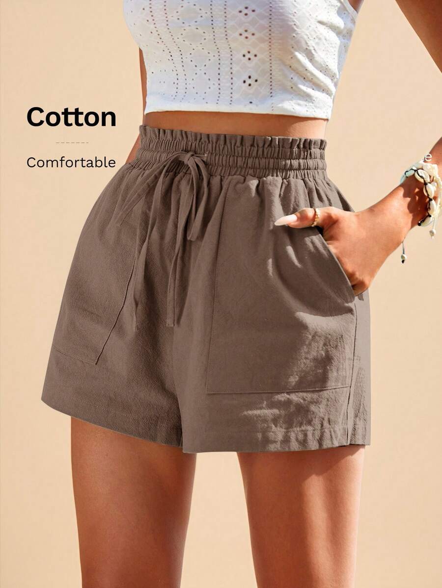 Travachic Quần short mùa xuân cạp chun màu trơn cho nữ, quần short thoải mái cho nữ, quần short thường ngày cho nữ, trang phục nghỉ dưỡng, phong cách thường ngày cho phụ nữ, đi chơi, thanh lịch, cho phụ nữ đi hòa nhạc, năm mới, quần short thường ngày cho nữ, bãi biển mùa hè - Cà phê nâu - Xem 1