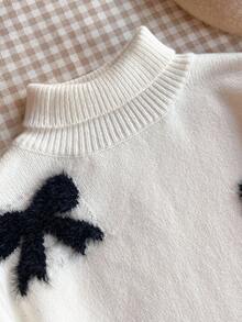 SHEIN 少女蝴蝶结装饰高领长袖休闲针织连衣裙，秋冬 - 黑與白 - 查看 3