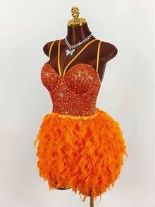 Amplova 大码女式万圣节精灵角色扮演亮片羽毛装饰连衣裙 - 橘色 - 查看 7