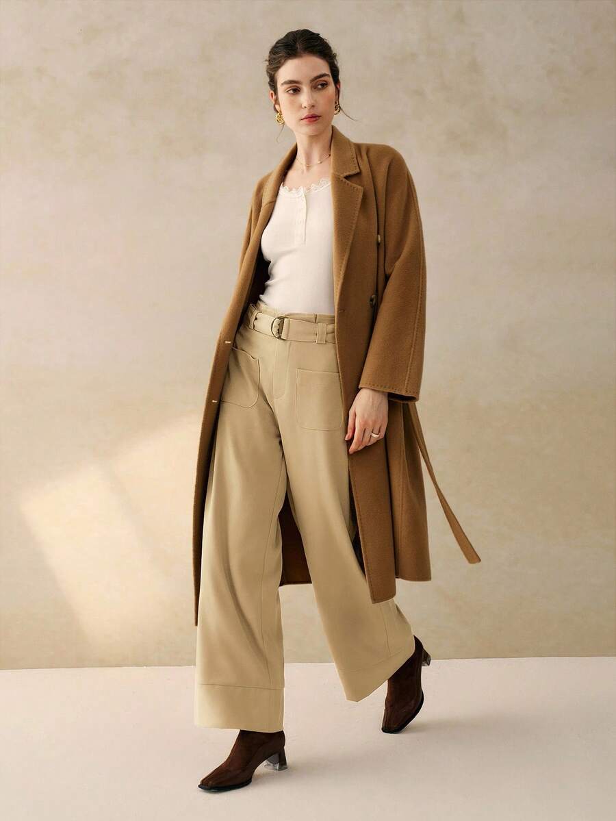 INAWLY Calça feminina casual cor sólida versátil com cinto solto