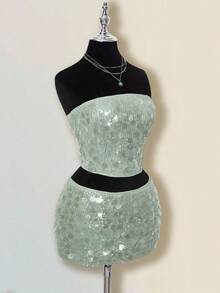 SHEIN ICON Váy khiêu vũ dự tiệc cá nhân phong cách thiên niên kỷ Y2K đơn giản cổ điển lớn đính sequin thời trang hiện đại dành cho nữ Áo ống ôm sát Chân váy ngắn cạp thấp hông Bộ đồ màu xanh lá cây - màu xanh lá - Xem 10