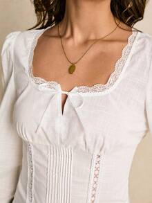 Poéselle 女式撞色蕾丝蝴蝶结装饰褶皱设计优雅衬衫 - 白色 - 查看 3