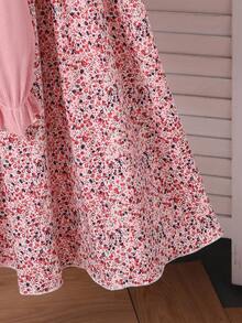 SHEIN Vintaside Kids 2 件套女童休闲罗纹针织开衫，蝴蝶结装饰和简约印花吊带裙，春秋 - 粉色 - 查看 4