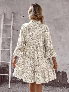 EMERY ROSE 女式花卉印花V领喇叭袖休闲迷你度假连衣裙 - 杏色 - 查看 2