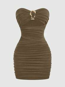 Sweetra Sexy einfarbiges minimalistisches gerafftes Bodycon Minikleid - Braun - Übersicht 1