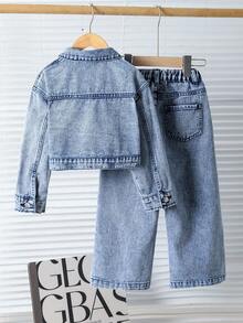 2 piezas Conjunto de Denim para Niñas, Chaqueta de Denim Corta Estilo Vintage + Jeans de Pierna Recta Holgada, Conjunto de Denim de Moda para Primavera/Otoño, Perfecto para Vacaciones y Salidas Casuales - Azul lavado medio - Ver 4