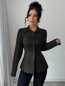 Elenzga 时尚通勤单排扣条纹拼布衬衫 - 黑與白 - 查看 5