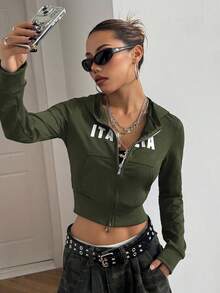 SHEIN Unity Women's Minimalist Print Hooded Long Sleeve Sweatshirt - Army Green - View 5