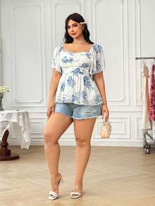 Soleia Blusa holgada de manga corta con volantes con estampado floral azul y de estilo boho vacacional para mujer de talla grande, para el verano