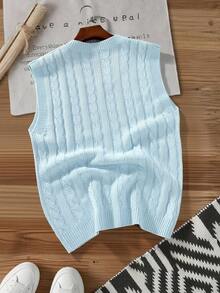 Manfinity EZcore 男士V领休闲针织背心，带麻花图案，秋冬 - 藍色 - 查看 2