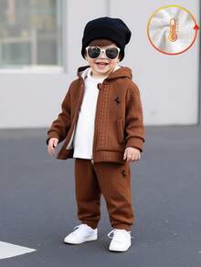 2pcs/Set Toddler Boys Autumn/Winter Wheat Ear Jacquard Plush Zip-Up Hoodie Jacket & Fleece Pants Set,Shades Of Brown,Autumn,Modest,Date,Versatile Warm - Brown - View 1