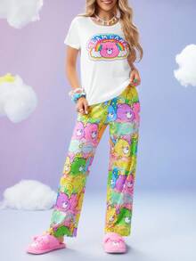SweetSlumber X Carebears Women's Summer Cute Cartoon Bear Print Top & Pants Pajama Set Cute Pajamas Kawaii Pajamas Care Bear Pajamas Cartoon Pajamas Women - Multicolor - View 3