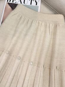 GlowEve 女士优雅俏皮可爱手工串珠设计宽松下摆松紧腰针织毛衣裙，适合约会和日常穿着，秋冬 - 杏色 - 查看 5
