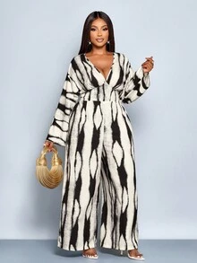 SOLERSUN Bộ đồ liền thân họa tiết sọc thanh lịch cổ chữ V sâu tay cánh dơi màu trắng in họa tiết cho nữ, bộ đồ liền thân ống rộng cạp cao, dáng rộng, thường ngày, bộ đồ liền thân xếp ly eo nhún, thắt eo và thắt eo, trang phục mua sắm hàng ngày phù hợp cho mọi dịp, Halloween - Đen và trắng - Xem 4