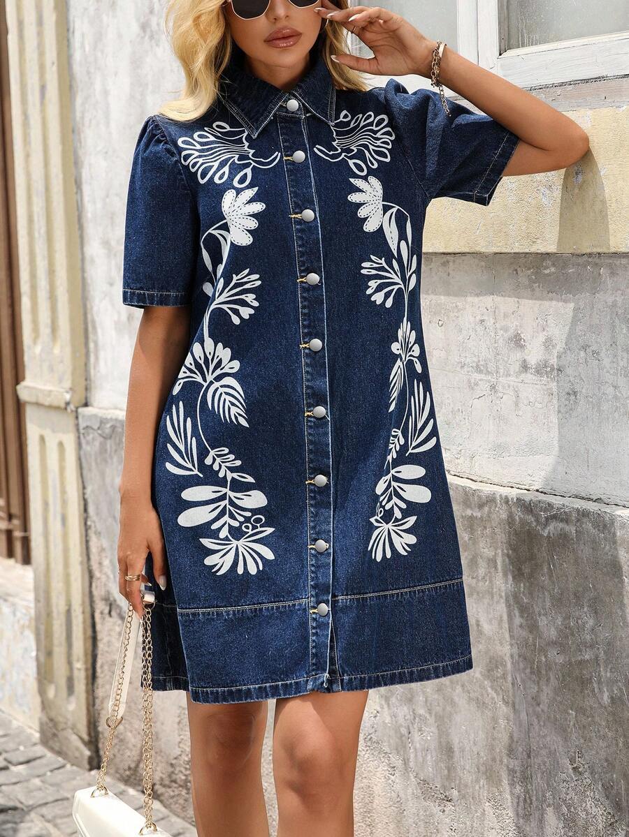 SHEIN Plus Size Casual Vacation Solid Color Embroidered Denim Dress - Dark Wash - View 1