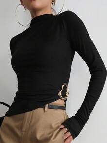 Aidyla Áo thun nữ cổ lọ tay dài xếp ly họa tiết ánh kim ôm vừa vặn thời trang thu/đông - màu đen - Xem 1
