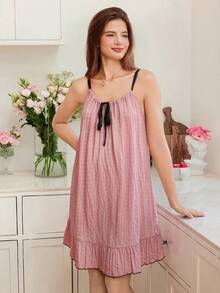撞色边缘抽绳细肩带荷叶边下摆女士睡裙睡衣裙荷叶边下摆连衣裙休闲夏装女士夏装女士服装夏装娃娃裙 - 粉色 - 查看 4