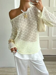 Chiquease Women's Pale Yellow Elegant Long-Sleeved T-Shirt,Autumn Holiday Tea Party,Hollow Lace Fabric,Off-Shoulder Solid Color Textured Fabric Versatile Top - Yellow - View 5