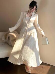 DAZY Women's Elegant Commuter Solid Color Textured Patchwork Long Dress - Beige - View 3
