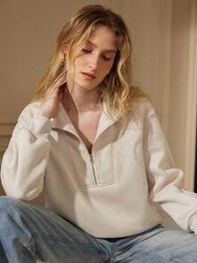 Écloséra 法式复古领拉链设计时尚休闲女士卫衣，秋冬 - 卡其色 - 查看 4